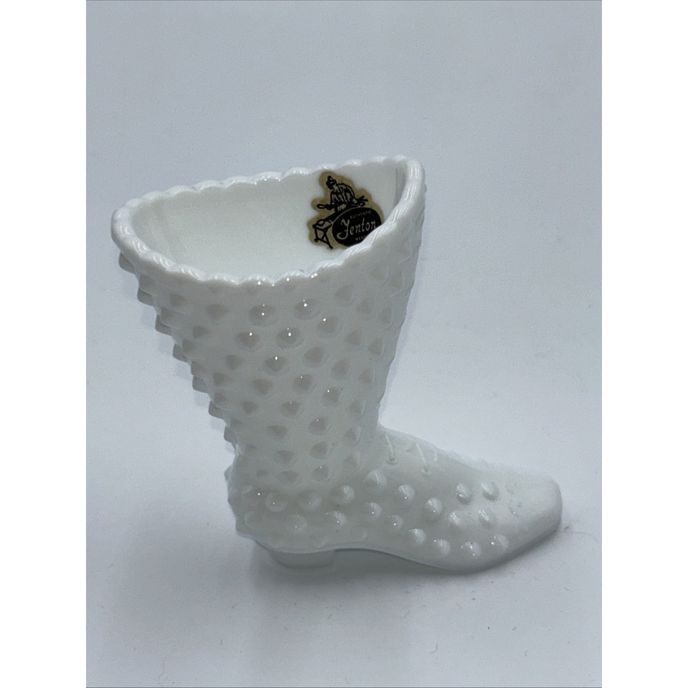 Vintage Fenton White Milk Glass Hobnail Lace Up Boot Figurine w Original Sticker